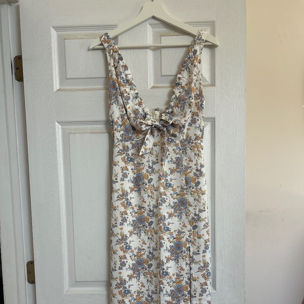 Floral Tie-Front Midi Dress - Cream White with Blue & Tan Flowers